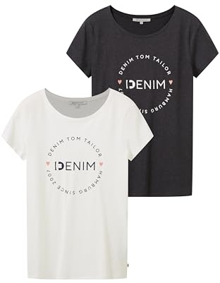 TOM TAILOR Denim Damen Slim Fit T-Shirt mit Logo-Print im Doppelpack 10522 - Shale Grey Melange XL