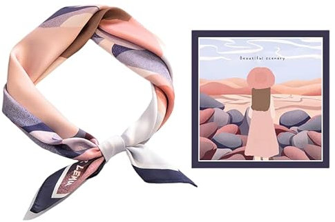 GIMIRO Schal aus imitierter Seide [53 x 53cm] Quadratische Schals Impressionismus-Muster Vintage-Schal für Büroarbeit oder lässigen Bund (Pink-Girl on Pebbles)