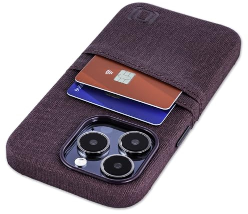 Dockem Card Case for iPhone 15 Pro with Built-in Metal Plate for Magnetic Mounting & 2 Card Holder Pockets: Luxe M2 Wallet Case, Canvas Style Synthetic Leather (Burgundy)