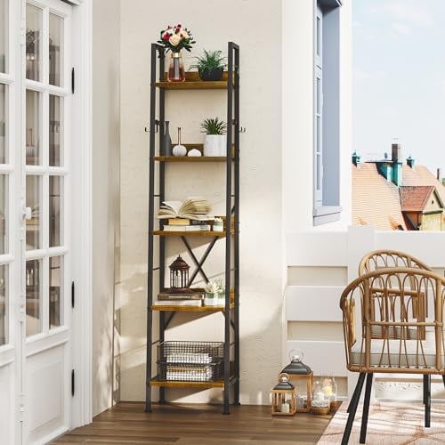 YITAHOME Libreria a 5 Ripiani, Scaffale a Scala Industriale Scaffale per Libri Autoportante Ripiani in Legno e Scaffale per Libri con Struttura in Metallo Scaffale Moderno per Soggiorno, Marrone