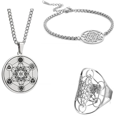 XHBTS Metatrons Cube Halskette Armband Ring für Erzengel Metatron Schutz Statement Ausgehöhlt Edelstahl Anhänger Charm Armband für Uni Box Kette, Edelstahl, Kein edelstein