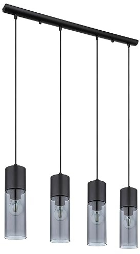 Hängelampe Pendelleuchte Esszimmerleuchte Wohnzimmerlampe Küchenleuchte, 4-Flammig, Glas Metall schwarz rauch, E27, H 156 cm
