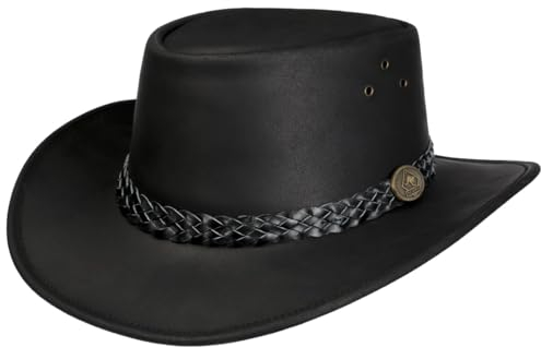SCIPPIS Wallaroo Lederhut Westernhut Cowboyhut Rindslederhut Herren - Made in Australia mit Lederband Winter Herbst Frühjahr Sommer Frühling-Sommer Herbst-Winter - M (56-57 cm) schwarz