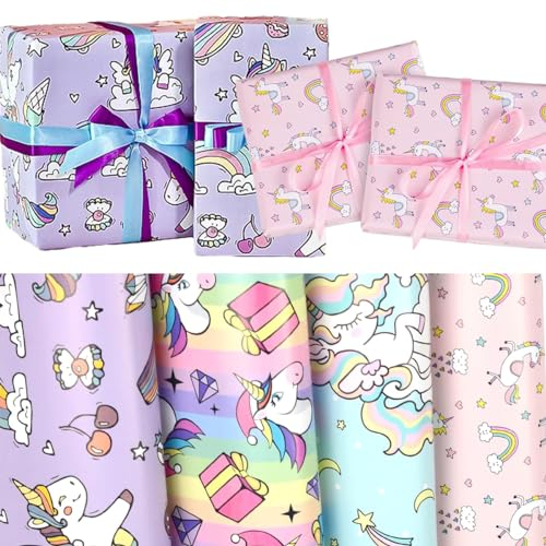 SUYIPCUS 4 Blatt Einhorn Geschenkpapier für Mädchen, Weihnachten Kinder, Geburtstags Geschenkpapiers, Wrapping Paper Perfekt Hochzeiten, Geburtstage, Valentinstag, und Partys