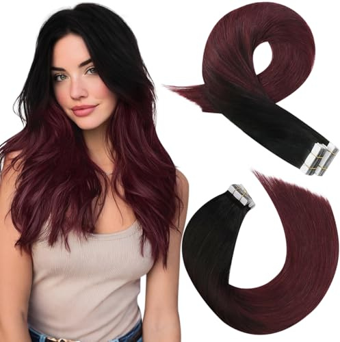 Moresoo Tape in Hair Extensions Human Hair Balayage Off Black to Burgundy Red Hair Extensions Tape in Remy Human Hair Long 24 Inch Silky Straight Hair 20 Pieces/50G #1B/99J