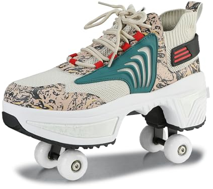 Schuhe mit Rollen für Jungen Mädchen, Rollschuhe mit 4 Einziehbaren Rädern, 2-in-1 Rollschuhen und Sneakers, Roller Skate Shoes für Kinder Teenager