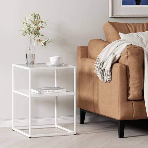 [en.casa] Beistelltisch Solund Couchtisch mit Ablage Weiß matt Wohnzimmertisch mit Glasplatte Nachttisch Metallgestell Sofatisch 55 x 40 x 40 cm