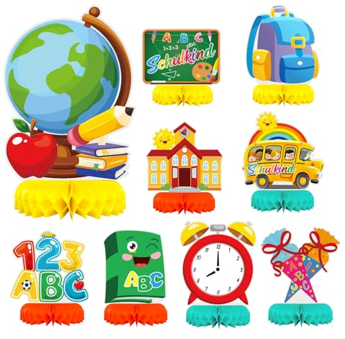 LOOPES 9 Stück Einschulung Deko Schulanfang Waben Tischdeko Schulkind 123 ABC Bienenwabe Tischdekorationen Schuleinführung Mittelstück Deko für Mädchen Jungen Schulanfang Einschulung Party Deko