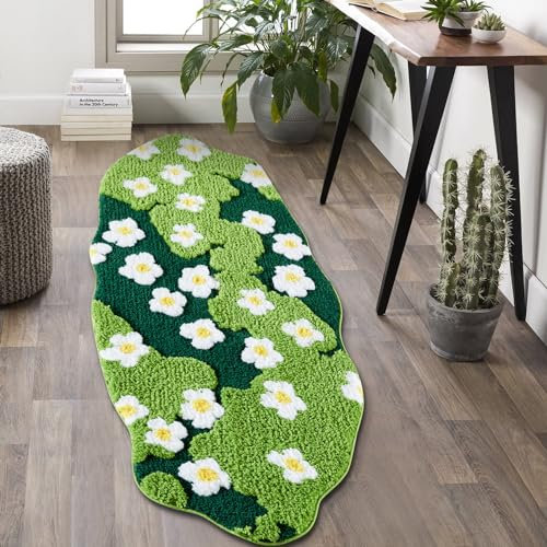 Ouyattle Badezimmerläufer mit niedlichem Blumenmuster, extralang, 61 cm B x 152 cm L, rutschfest, waschbar, modern, schick, Boho, ästhetisch, trendig, flippig, Moos, Überwurf, Läufer für Küche,
