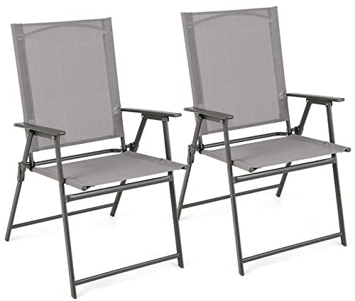 COSTWAY Set of 2/4 Folding Garden Chairs, Portable Outdoor Dining Chairs with Armrests, Metal Frame Patio Bistro Chair Seats for Balcony, Yard, Lawn and Poolside, 150kg Load Capacity (2 pcs, Grey)