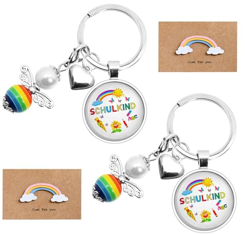 Einschulung Geschenk Mädchen Jungen Kinder mit 2 Schutzengel Schlüsselanhänger, 2 Grußkarte und 2 Umschlag Schutzengel Schlüsselanhänger Schulkind Schultüte Füllung Schulanfang Glücksbringer Grußkarte