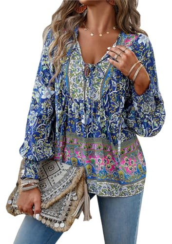 PHLCEhot Women Long Sleeve Tunic Tops Floral Boho Loose Chiffon Pullover Blouse Navy Blue
