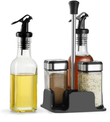 SIAZIH Set di barattoli per spezie girevoli, 2 barattoli per spezie da 120 ml, rettangolari, 1 portaspezie, 2 bottiglie per olio di aceto, spezie per spezie, sale