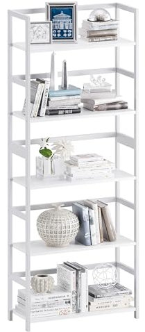 vovala 5-Tier Bookshelf, Industrial Bookcase with Bamboo Frame, Modern Display Standing Shelf Unit, Tall Wood Storage Organizer for Living Room, Home Office, White