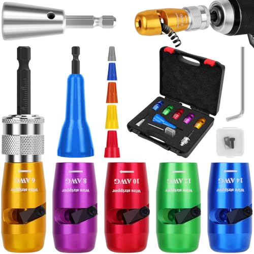 Makerfire Pelacables eléctrico para taladro, pelacables de taladro y kit de tornado para calibre AWG 14-12-10-8-6, herramienta de corte portátil para taladro eléctrico, pelacables y conector