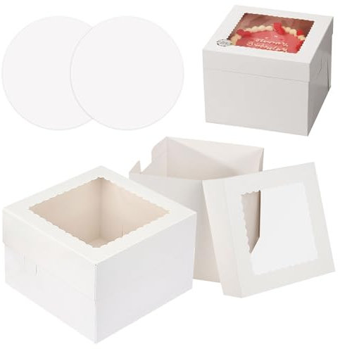 2 Pezzi Scatola per Torta,25.4x25.4x20 cm Scatole per Dolci in Cartone,Scatola Torta con Finestra e Sottotorta Rotondo,Porta Torta Carta,Scatole per Torte Bianca per Cupcakes,Torte,Ciambelle,Biscotti