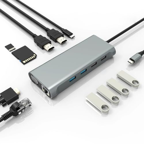 11-in-1 USB C Docking Station with HDMI, SD/TF, USB 2.0, USB 3.0, VGA, RJ45 Ethernet Ports++100W PD, Triple Display or Dual Monitor with 2 HDMI +VGA,for Dell/HP/Lenovo/Surface/MacBook Laptop