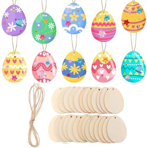 FeiOne 41 pcs Holz Ostereier zum Bemalen Hanf Seil Set, Ostern Holzanhänger, Holz Ostern Eier, Ostereier Deko, Mit Loch zum Aufhängen Easter Eggs, DIY Basteln zum Bemalen