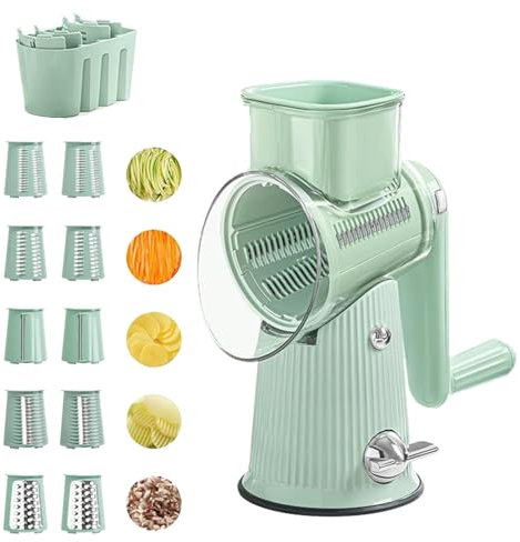 Acunny Rallador rotatorio 5 en 1, Rallador de queso 5 en 1 - Cortadora de verduras trituradora de queso con manivela | Trituradora de queso, rebanadora manual de alimentos segura y eficiente para