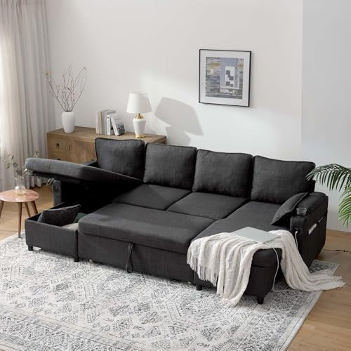 DURASPACE Sofa Bed Sleeper Sofa Pull Out Couch with Double Storage Chaise, Sectional Couch for Living Room, U Shaped Couch with Removable Covers (Dark Gray)