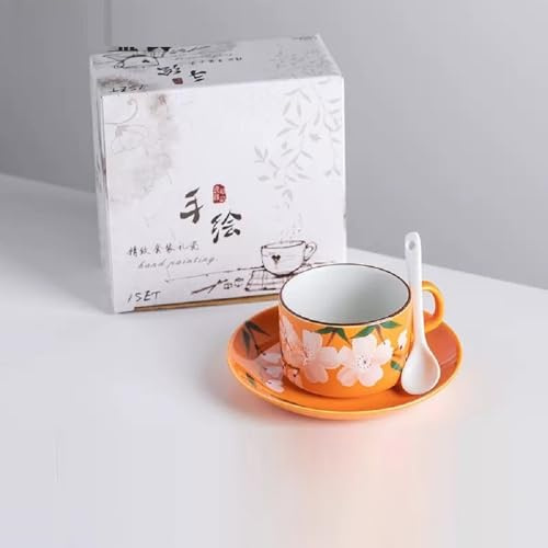 FülleMore Frühstückstasse mit Untertasse Niedliche Blumenmuster Kaffeetasse Teetasse 150ml Espressotasse mit Unterteller Mokkatasse Set Geschenk für Mädchen Mama Oma Freundin (Orange)