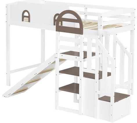 SOFTWEARY Lit mezzanine avec sommier à lattes, escalier, étagère et toboggan, 90 x 200 cm, lit d'enfant avec protection anti-chute, en pin