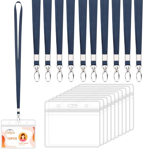 Segus Porte Carte avec Cordon, 10 Pièces Cordon Tour de Cou avec Porte Badge Plastique, Collier Badge, Transparent et Imperméable, pour Bureau, École, Usine (Bleu Foncé, Horizontal)
