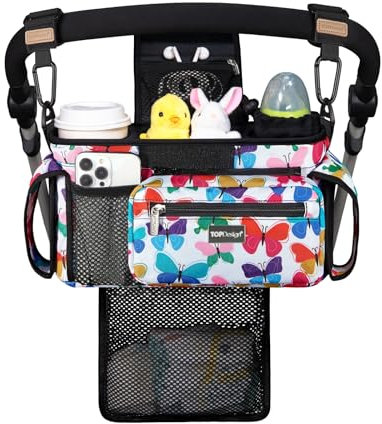 TOPDesign Universal Baby Stroller Organizer, Stroller Caddy with Detachable Mesh Bag & Heightened Insulated Cup Holders & Non-Slip Secure Hooks Accessories, Fits Most Strollers (Colorful Butterfly)