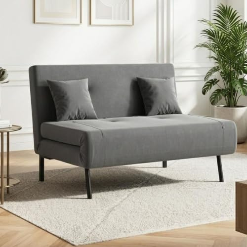 SUNXURY 120cm schlafsofa verstellbare Rückenlehne 2 Lendenkissen Babyvelvet | 2 sitzer Klappsofa Bettcouch aus Stoff Schlaffunktion 6-stufig verstellbare Rückenlehne khaki Samtoptik