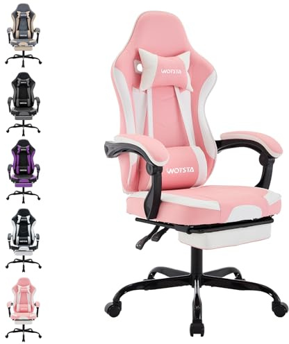 WOTSTA Gaming Chair Computerstuhl Ergonomischer Gaming Stuhl mit Fußstütze Bürostuhl Ergonomischer Computerstuhl mit Lendenwirbelstütze rosafarbenes Weiß