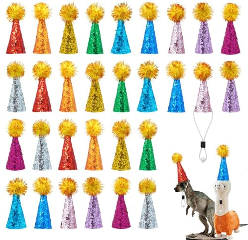 Muuookka For Animal Figures Toys 30 Pcs Mini Party Hats Tiny Glitter Cone with Pom Poms Birthday Party Accessory Set