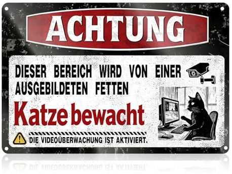 Videoüberwachung Schild, Schwarz-Weiß Fette Katze Achtung Videoüberwachung Schild Privatgrundstück mit Humorvollem Text, Wetterfeste Warnschilder Videoüberwachung Aluminium für Haus und Garten