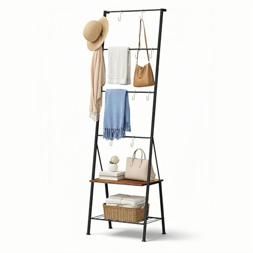Blanket Ladder, Blanket Holder Rack with Hooks, Towel Ladder for Bathroom, Quilt Ladder with Shelf for Living Room, Bedroom, Rustic Brown