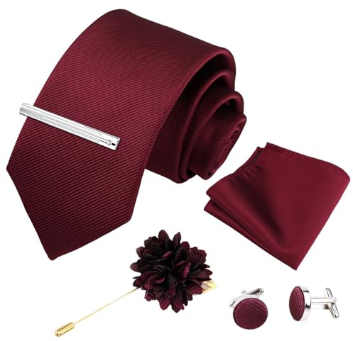 Xynovate Einfarbige Krawatte, Herren krawatte, Herrenfliege und Einstecktuch mit Manschettenknöpfen Set, Klassische Formelle Elegante Krawatte für Business, Hochzeit, Feier, Weihnachten，Burgunderrot