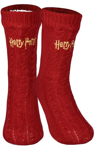 Harry Potter Hüttensocken - Strick Haussocken mit Sherpa Futter für Herren Kuschelsocken Flauschige Wintersocken warme Männer Socken OneSize Rot