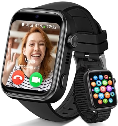 4G Montre Connectée Enfants, Montre Telephone Enfant avec Appels, Appels Vidéo, Chat Vocal, WhatsApp, Wi-Fi, GPS, SOS, Mode École, Podomètre Réveil Étanche IP68 Smartwatch pour Filles et Garçons Noir