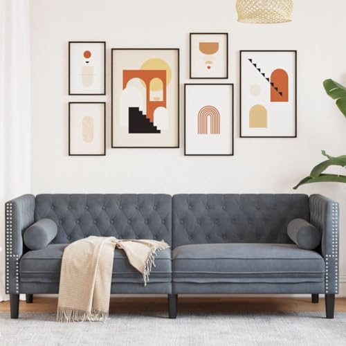Fangmaliuyun Chesterfield 3-Sitzer Samtsofa 194x74,5x70,5 cm mit Nackenkissen Dunkelgrau Modernes Vintage Design für Wohnzimmer Büro und kleine Räume