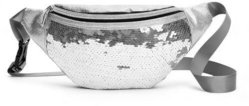 JENCVNL Bauchtasche Damen Silber Pailletten Glitzer Gürteltasche Damen Herren Hüfttasche Brusttasche Glänzende Umhängetasche für Karneval Accessoires Festival Party Reisen (Silber)