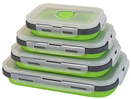 Collapsible Food Storage Containers Set,Silicone Airtight Food Container Set 350/500/800/1200ML (Green)