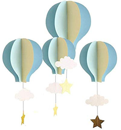 Toyvian 4 Pezzi di Carta Ornamenti appesi mongolfiere 3D con Nuvole Stelle Decorazione del soffitto per l'asilo di casa (Azzurro)