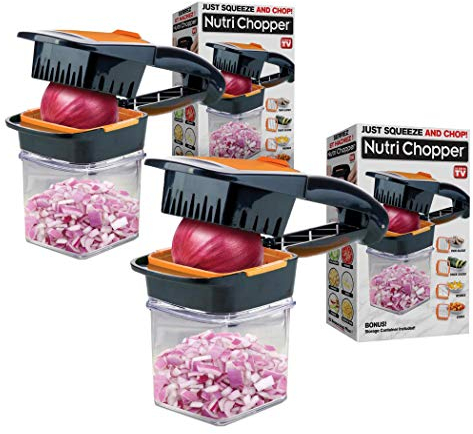 Nutrichopper Lot de 2 hachoirs à légumes avec récipient frais - Tranches, cubes, tranches, quartiers, lames en acier inoxydable - Vu à la télévision