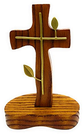 GoldenTBox Handgefertigter heiliger Stehtisch Altar Holz Kreuz mit Metalldetails für Geschenk oder Heimarbeit Büro Dekor zu Ostern, Muttertag, Einweihungsfeier, Hochzeitstag (Messingkreuz)