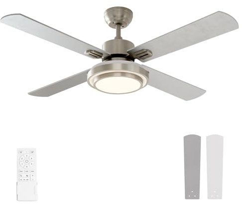 Warmiplanet 52-inch Indoor Ceiling Fan with Integrated LED Lighting kit and Remote Control, Four Reversible White/Silver Blades, Brushed Nickel