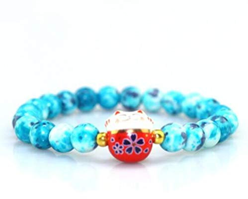 Black Sugar Bracelet Mixte Tête De Chat Maneki Neko Porte Bonheur en Porcelaine Naturelles Marbrée Anthracite Translucide Perles Noires Bleu Blanc Kawai Mignon (Turquoise)