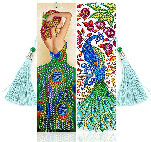 VETPW 2 Stück 5D DIY Diamant Malerei Lesezeichen für Abschluss Geburtstagsgeschenk, Malen Nach Zahlen, Diamond Pasted Painting Bookmark, Diamant Stickerei Malerei Quaste Leder Pfau Lesezeichen Set