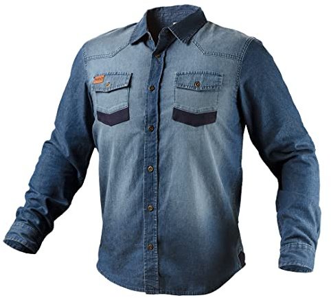NEO TOOLS Herren Hemd Langarm, mit klassischem Kragen, in Denim-Optik | In Größen S-XXXL, 100% Baumwolle 380 g/m2, Metallknöpfe, Mit Oxford-Stoff verstärkte Ellbogen