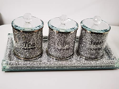 Deenz Set Of Diamond Crushed Tea Coffee Sugar Jars & Full Crushed Diamond Rectangle Tray Candle Holder 39X18Cm