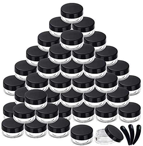 Yalbdopo 50Pcs, 5g Cosmetic Sample Containers Pots with Black Screw Lids, Empty Travel Plastic Jars for Cream, Sample, Nails, Powder, Eyeshadow, Makeup Storage - Includes 3 Packs Mini Spatulas