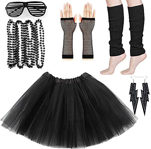 M MUNCASO 80s Fancy Dress Costume, 1980s Fancy Party Costume Set Adult Tutu Skirt with Leg Warmers Fishnet Gloves Neon Necklaces Bead Lighting Earrings Sunglasses for 80s Retro Party (Black)
