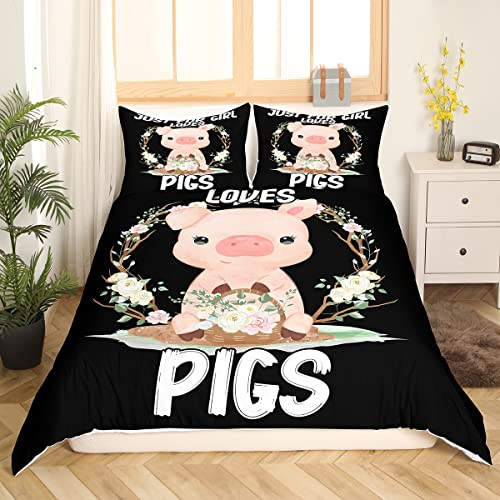 Süßes Schwein Bettbezug für Kinder Jungen Mädchen 155x220 Cartoon Schwein Bettwäsche Set Schlafzimmer Dekor Rose Blume Botanischer Ast Schlafzimmer Dekor Trösterbezug Bauernhaus Tier Tagesdecke